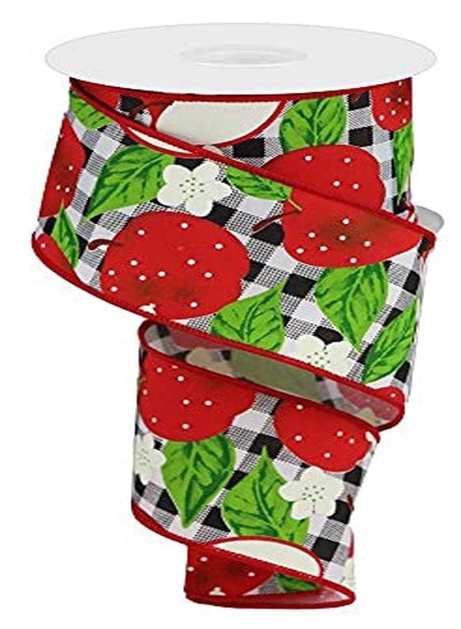 Red Apples Plaid Wired Ribbon - 2 1/2" x 10 Yards, Black & White Checks, Wreath, Spring, Gift Basket Decoration, Fall Harvest Decor, Christmas, Valentine's Day, Easter
